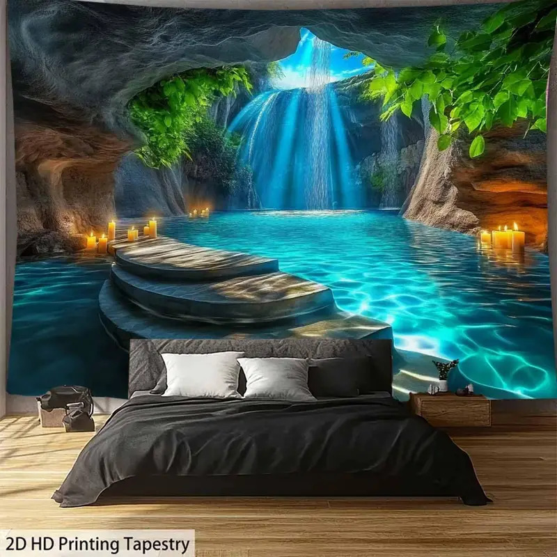 Home Decor Zen Style - VIKAMA Cave Waterfall Tapestry Natural Zen