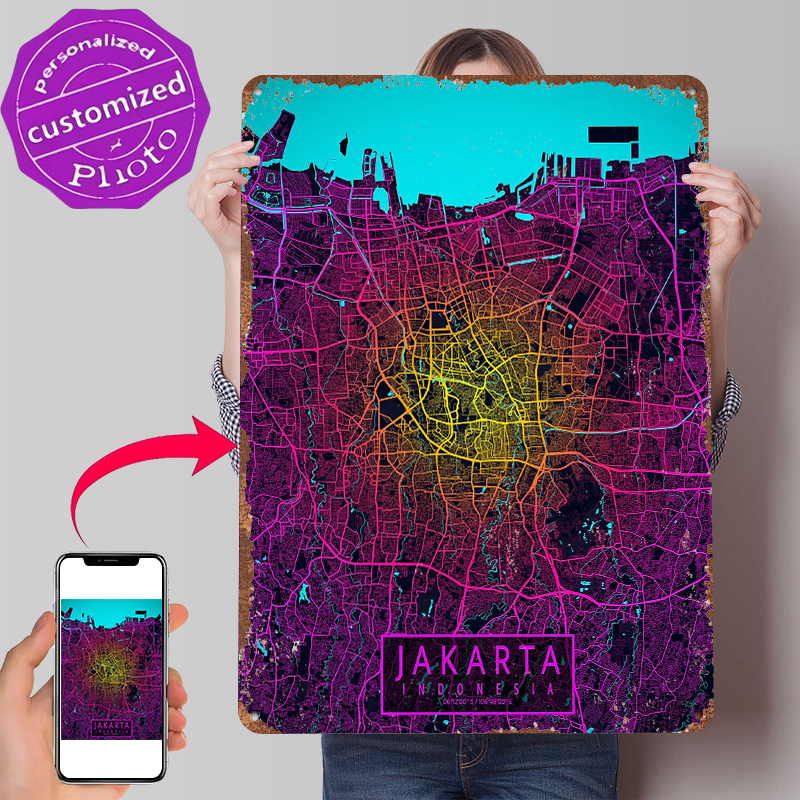 Jakarta City Map Neon Tin Post - Home Decor Jakarta 评论和价格