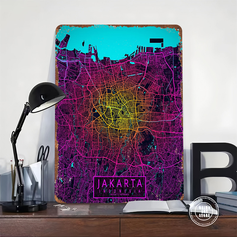Jakarta City Map Neon Tin Post - Home Decor Jakarta 评论和价格