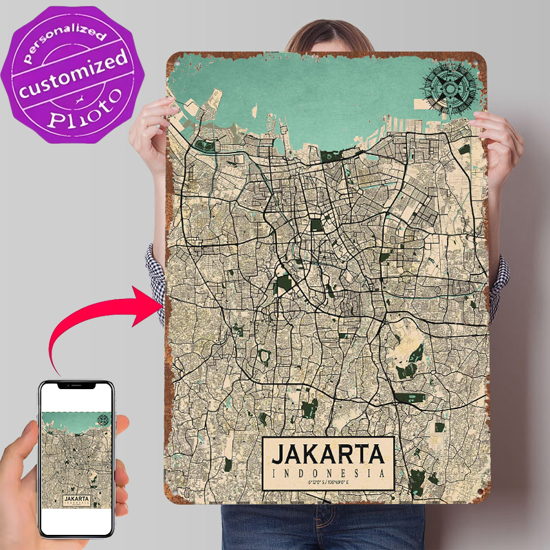 Jakarta City Map Vintage Metal - Home Decor Jakarta 评论和价格