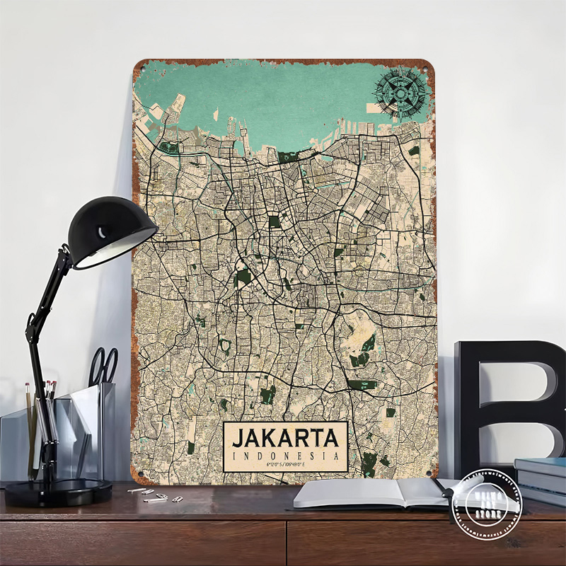 Jakarta City Map Vintage Metal - Home Decor Jakarta 评论和价格