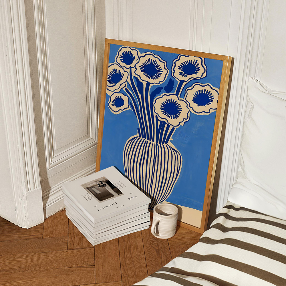 Botanical Blue Floral Art Prin - Home Decor Vase With Flowers 评论和价格