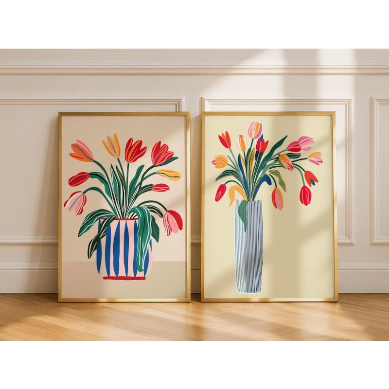 2pcs Tulip Flowers Canvas Wall - Home Decor Vase With Flowers 评论和价格